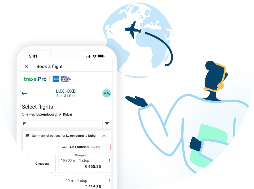 Illustration of a person presenting the Cytric application that Travel Pro provides to its clients. 